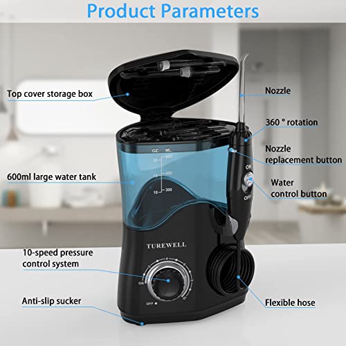 Image of TUREWELL Water Dental Flosser for Teeth /Braces, Water Teeth Cleaner 8 Jet Tips and 10 Pressure Levels, 600ML Large Water Tank Oral Irrigator for Family(Black)