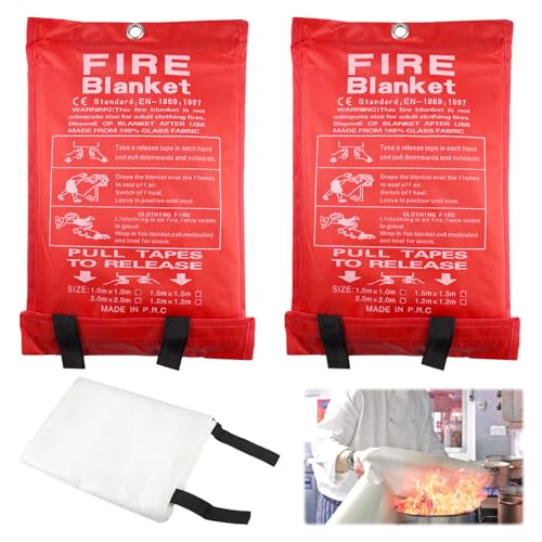 2 Piezas Manta Ignifuga, 1m x 1m Fire Blanket, Manta Ignifuga contra Incendios, Alfombra Ignifuga, Manta de Fuego para Cocina, Mantas de Fuego de Fibra de Vidrio para Barbacoa, Camping, Garaje