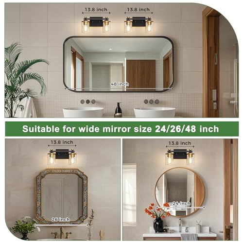 Image of DORESshop 2-Light Black and Gold Bathroom Light Fixtures, Vanity Lights Fixture with Clear Glass Shade, Bathroom Vanity Light for Mirror Kitchen Bedroom, Modern Wall Lights Over Mirror