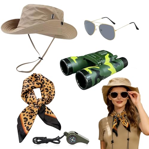xolear 5 Stück Safari Kostüm Damen Herren Kostüm des Archäologen mit Safarihut Fernglas Sonnenbrille Teleskop Nackenriemen Safari Kleidung Damen für Karneval Party Outdoor Cosplay