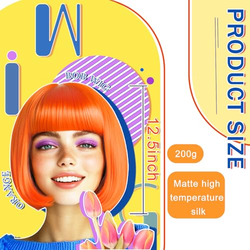 Image of LIULIUBTY Short Bob Hair Wigs Straight with Flat Bangs Synthetic Colorful Cosplay Daily Party Neon Wig for Women + Free Wig Cap 12 inch Natural As Real (Bob, Orange)