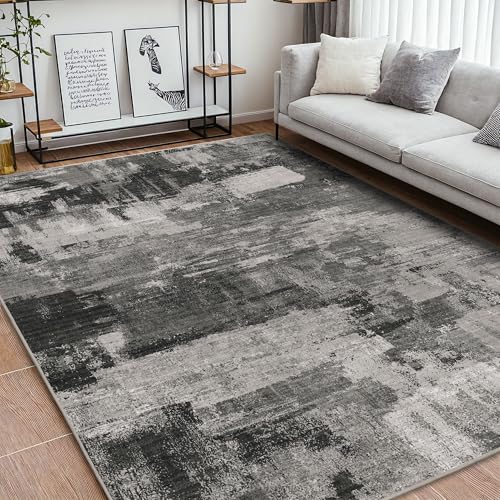 Area Rugs 8x10 for Living Room Bedroom, Modern Abstract Machine Washable Large Soft Black Rug, Low Pile Floor Carpet with Non Slip Backing for Dining Room, Carbon Black