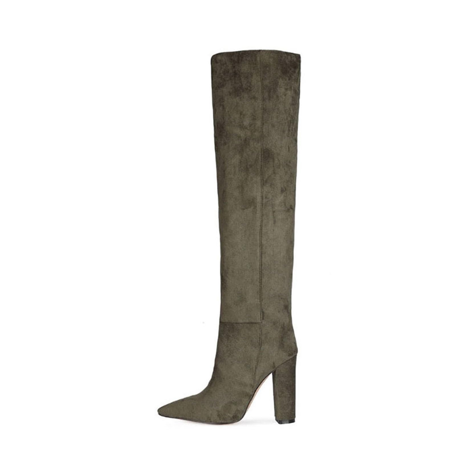 Beige suede chunky heel thigh high boots for women wide calf boots Pointed toe pull-on Pleated Super high