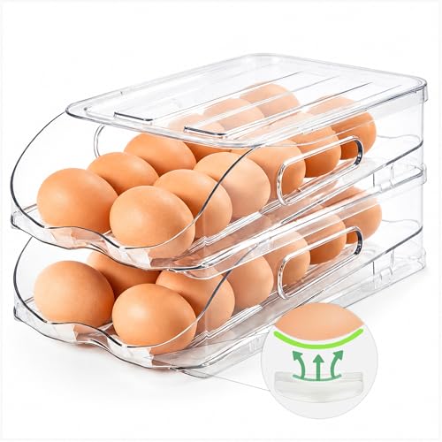 SMRCAD Egg Holder for Fridge, Automatic Steady Rolling Egg Container with Soft Bumpers & Handle for Refrigerator, Stackable Fridge Organizers and Storage with Lid