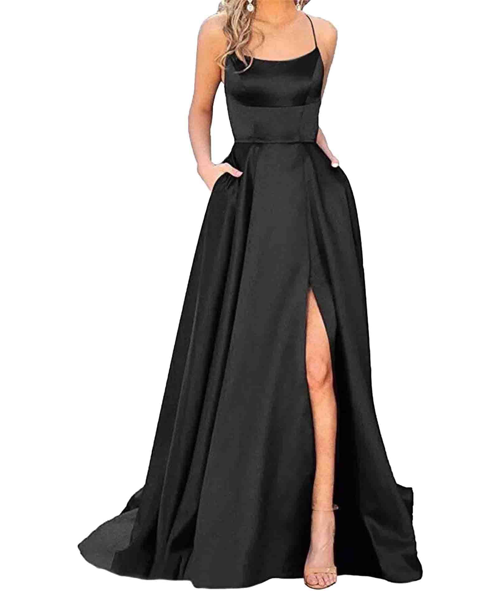 HAHAEMMA - Elegante abito da donna lungo, con tasche, in raso, linea ad A, schiena scoperta, abito da sera, da matrimonio, sexy, con allacciatura al collo, da principessa, damigella d'onore