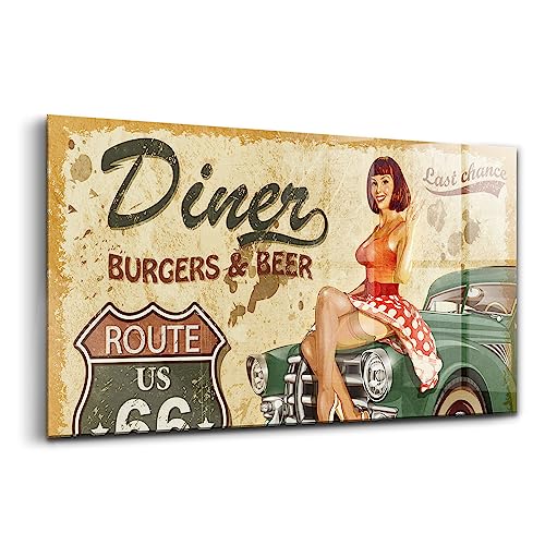 Peinture sur verre vintage Route 66 tableau coloré pour salon 100x50cm