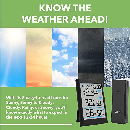 Baldr Wireless Thermometer Weather Station- Home Wireless Weather Stations For Indoor & Outdoor Uses - With Temperature Monitor, Humidity Gauge, Time & Date Display, White Blacklight Lcd (Black) #TOP5