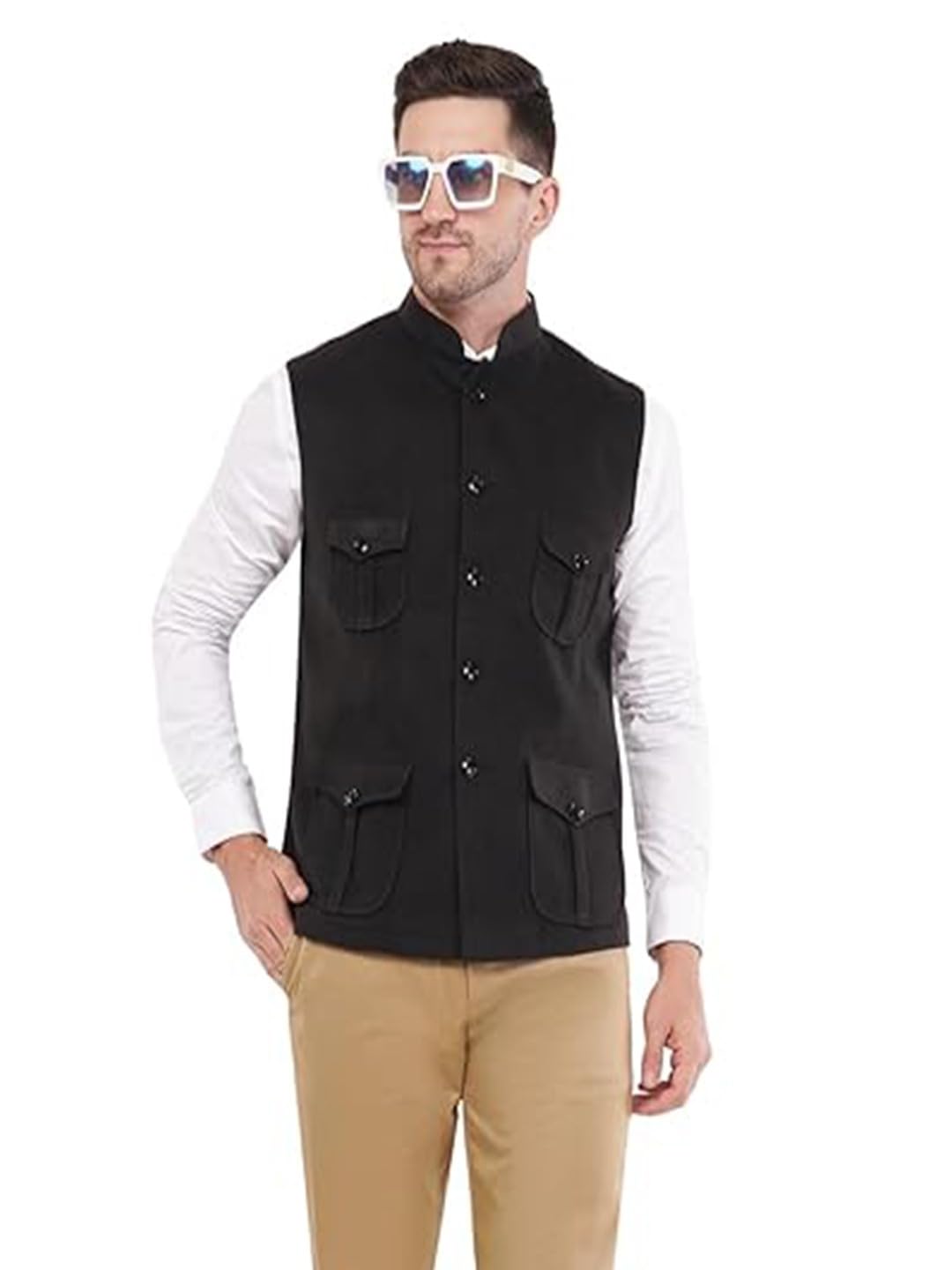 urban kanya Men's Nehru Style Waistcoat, Black Cotton Blend, Multi-Pocket Military Safari Vest with Mandarin Collar, Formal Ethnic Wear-picture-13