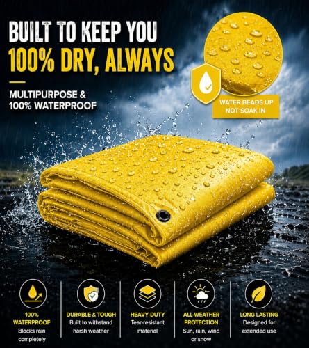 Image of Tarkka 15x12ft Yellow Tarpaulin Sheet, 120 GSM Virgin Waterproof Tirpal /Tadpatri Cover with Reinforced Eyelets & UV Protection for Home, Farm & Truck, 1 Sheet