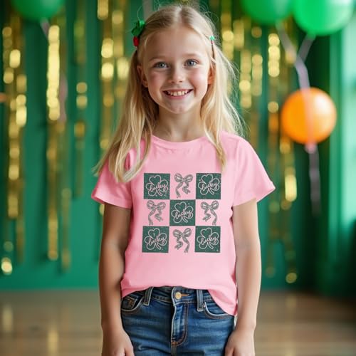 Image of Kid Girls St. Patricks Day Shirts Bow Lucky T-Shirt Shamrock Tees Clover Short Sleeve Tops Irish Outfits 7-12 Years