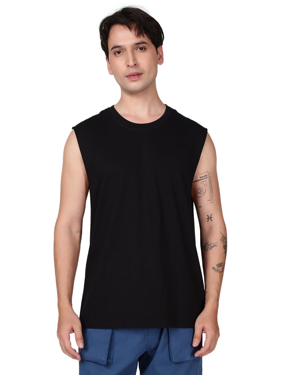 bene kleed Men Black Solid Cotton Relax Fit Sleeveless T Shirt-picture-12