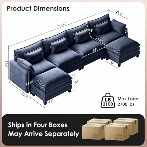 Image of Marsail Modular Sectional Sofa 145.6 inch U-Shaped Modern Comfy Cloud Couch, 6-Seat Chenille Deep Seat Sofa with Throw Pillow & Movable Ottoman for Living Room, Bedroom and Apartment, Blue
