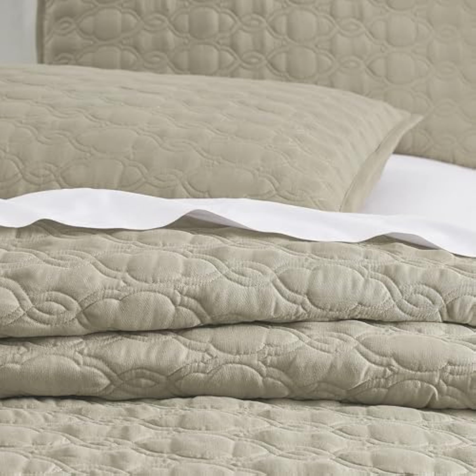 3pc Queen Size Embroidery Quilt Set, Beige