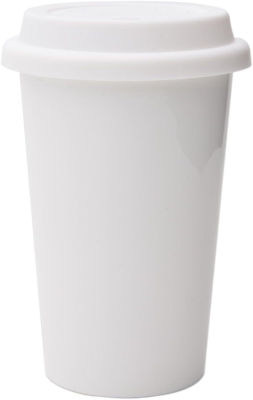 Reusable Double Wall Insulated White Ceramic Travel Coffee Cup with Lid & Sleeve, 12 fl.oz, I Am Not a Paper Cup