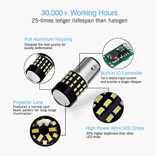 Autogine 4Pcs 1000 Lumens 9-30V 1157 2057 2357 7528 Bay15D Led Bulbs 3014 54-Ex Chipsets With Projector For Reverse Back Up Lights Drl Tail Brake Lights, 6000K Xenon White #TOP2