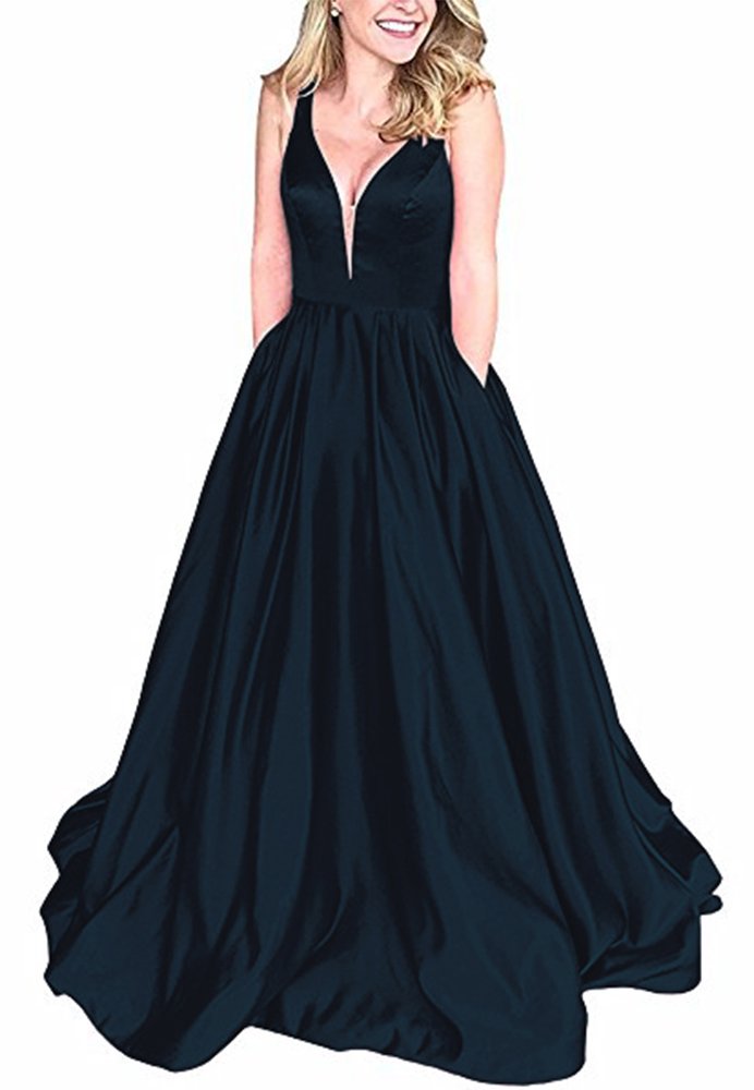 Andybridal Ball Gown Black Deep V Neck Satin with Pockets Plus Size Prom Dress