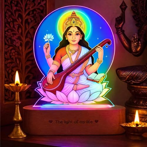 Image of ZOCI VOCI Goddess Saraswati LED Lamp with Wooden Base - Saraswati MATA Night Light for Pooja Room, God Lamps for Home Temple Decor, Study & Wisdom Lamp (RGB Smooth - (No Remote))