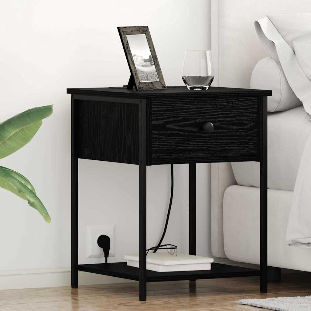 Station de charge intégrée sur ce lot de 2 tables de chevet chêne noir à double tiroir