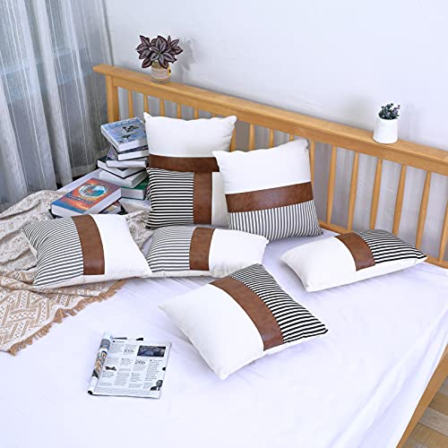 Boysum Set Of 2 Farmhouse Decorative Throw Pillow Covers Black Striped Patchwork Linen Pillow Covers Brown Faux Leather Modern Outdoor Decor Cushion Case 12X20 Inch, Black #TOP7