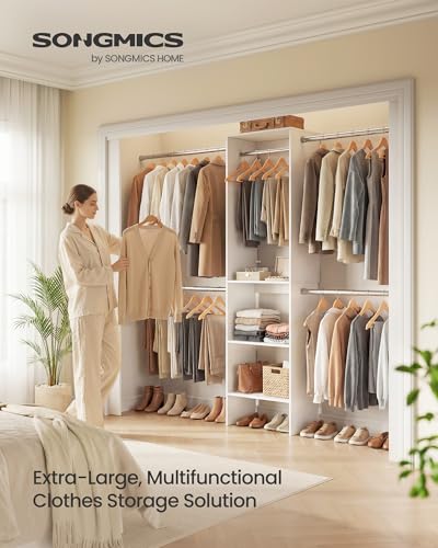 Image of SONGMICS Closet System, Customizable Walk-In Closet Organizer System with Adjustable Hanging Rods and Storage Shelves, White, Fits Spaces 4-9.6 ft URGR040WZ01S