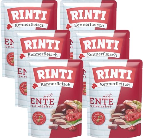 Rinti Kennerfleisch Ente | 6 x 400g Frischebeutel | 70 % Fleisch & Innereien | 15 % Ente | Getreidefrei | Mit Omega 3 & Ballaststoffen | Alleinfutter für Hunde | Ohne Formfleisch