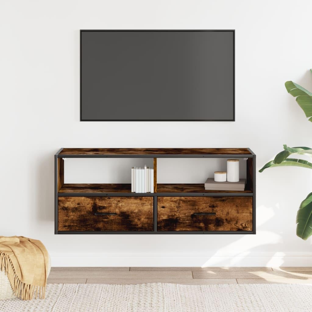 TV-Schrank Räuchereiche 100x31x39,5 cm, Holzwerkstoff und Metall, industrielles Design, stabil, langlebig, für Wohnzimmer, Media Center, modernes Fernsehregal