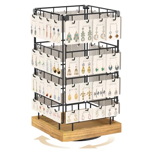 MODOWEY 360 Rotating Earring Cards Organizer Holder Stands for Selling Vendors, 64 Hooks Jewelry Display Tree, Large Capacity Storage Wood Rack Tower Women Dresser Stud Pierced(Brown)