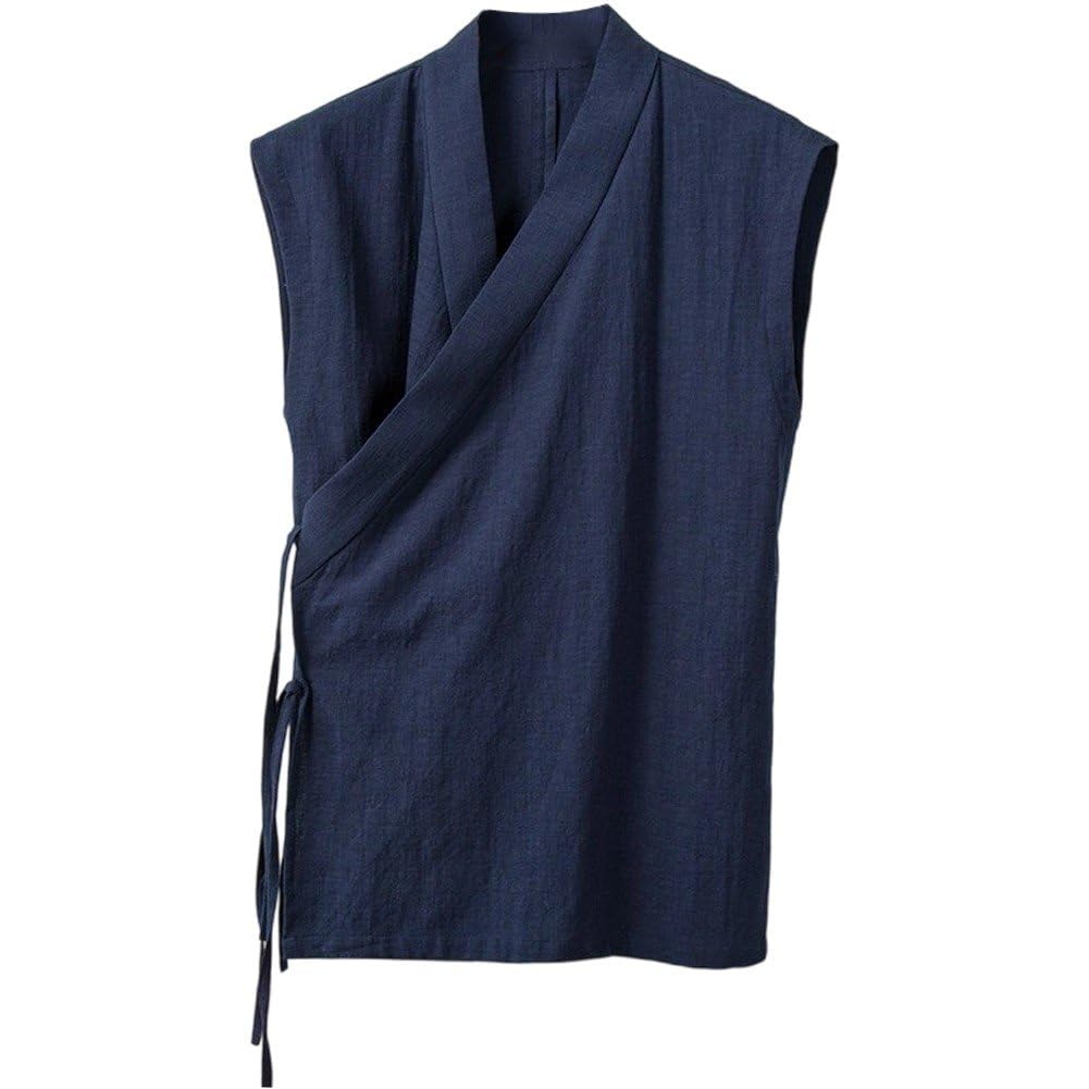 Uzztfa Men's Blue Chinese Kung Fu Vest Chinese Traditional Clothing Hanfu Vest Vintage Sleeveless Vest Linen Cotton Cardigan Tang Suit Kimono Jacket