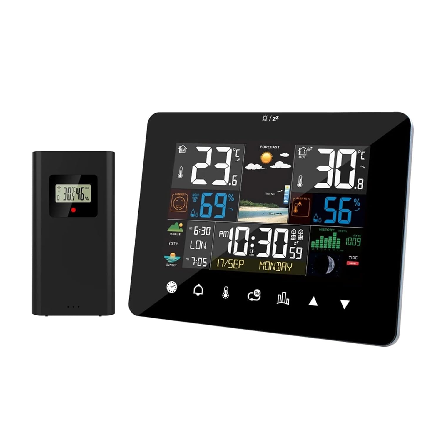 Estación meteorológica Digital doméstica con termómetro para Interiores y Exteriores, Sensor inalámbrico, Pantalla LCD, Despertador y pronóstico. Fácil de Usar.