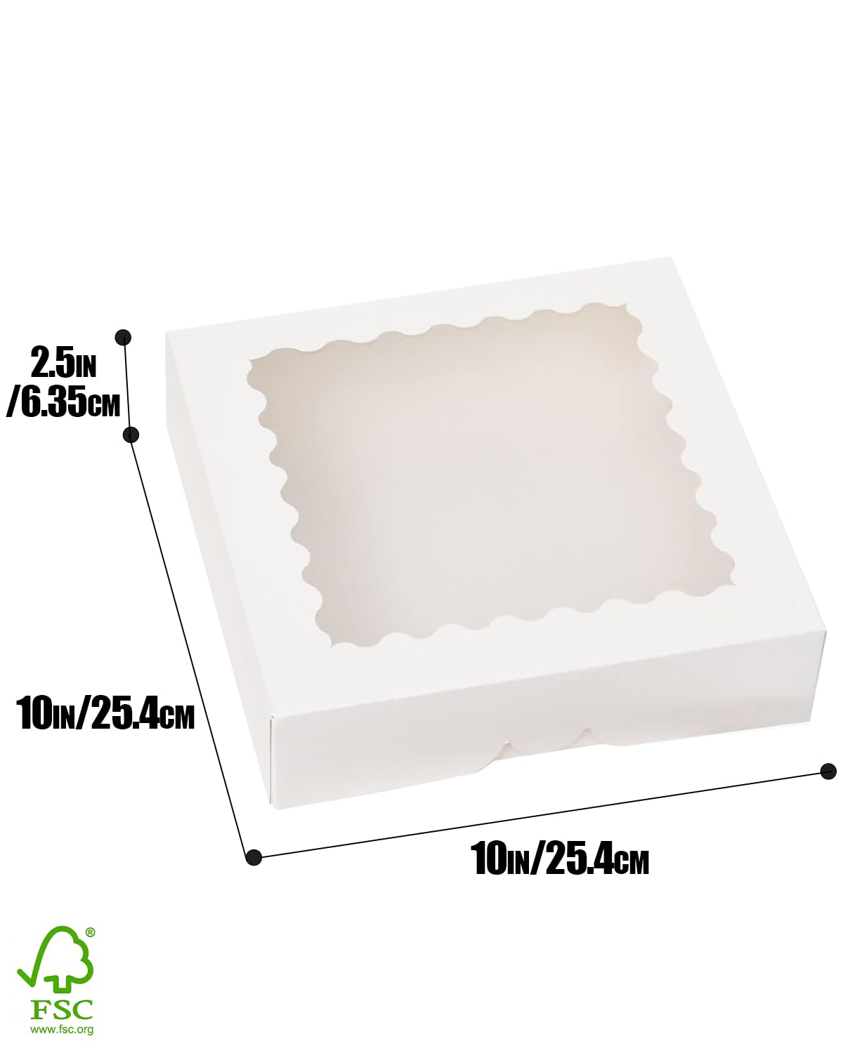 qiqee Cajas de pastel blancas con ventana de 10 x 10 x 2.5 pulgadas, 30 paquetes de caja de panadería para donas dulces y galletas