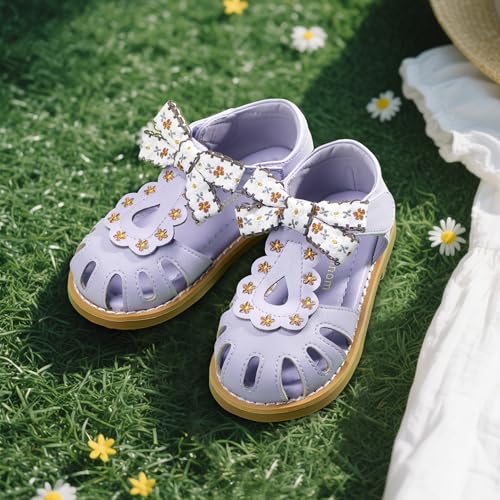 Image of Hehainom Toddler Girls Sandals Closed Toe Bow Flower Girl Summer Shoes Little Kids Flats Sandals