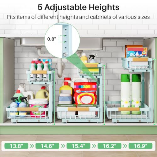 Image of Kitstorack Under Sink Organizer, 2 Tier Under the Sink Storage, Slide out Pull out Cabinet Organizer Shelf, Metal Sliding Drawer for Kitchen Bathroom Pantry Closet Organization Rack, Blue, 1 Pack