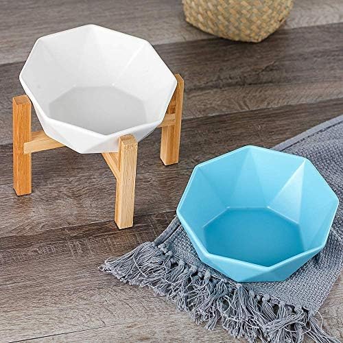 HCHLQLZ White with stand Ceramic Tilted Elevated Raised Pet Bowl with bamboo Stand for Cats and Dogs No Spill Pet Food Water Feeder