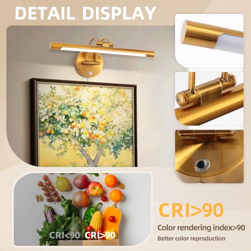 TYhogar 40cm Bathroom Vanity Light 15.7" Picture Light,Plug in,Led,8W Wall Lights for Paintings,3000K,CRI90+,Touch Dimming,Rotatable Poster Lights for Display,Cabinet,Art Work,Gallery(Brass-Color) — view 5