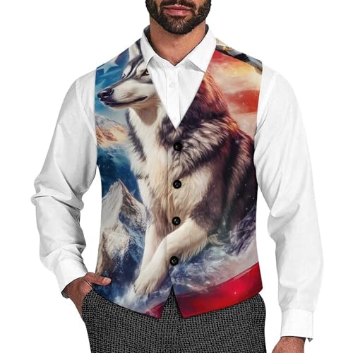 Husky Ea-gles U.S Flag Men's Suit Vest Slim Fit Business Dress Party Pattern Waistcoat Vest Top
