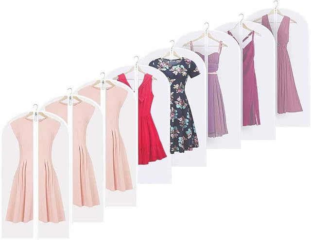 Linseray 8 Pack Hanging Clothes Covers, 60cm x 120cm Suit Bags Breathable Moth Proof Garment Cover Bags with Full Zipper for Long Dress Dance Costumes Suits Gowns Coats