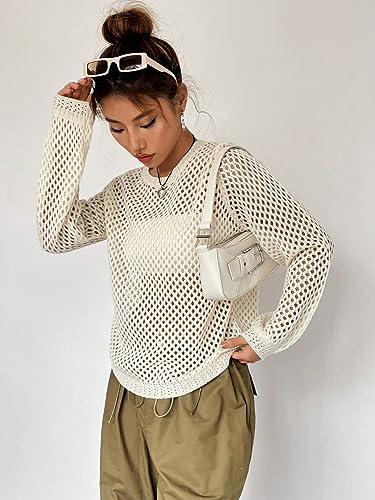 Image of Milumia Women's Hollow Out Sheer Fishnet Crochet Sweater Open Knit Pullover Tops Apricot Small
