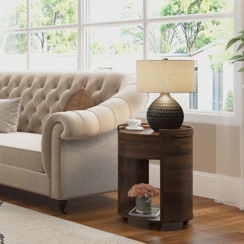 Image of Chogori Solid Wood End Table Set of 2 with Drawer & Storage Shelf - Walnut Round Accent Nightstand, Farmhouse Side Table for Small Spaces, Living Room, Easy Assembly