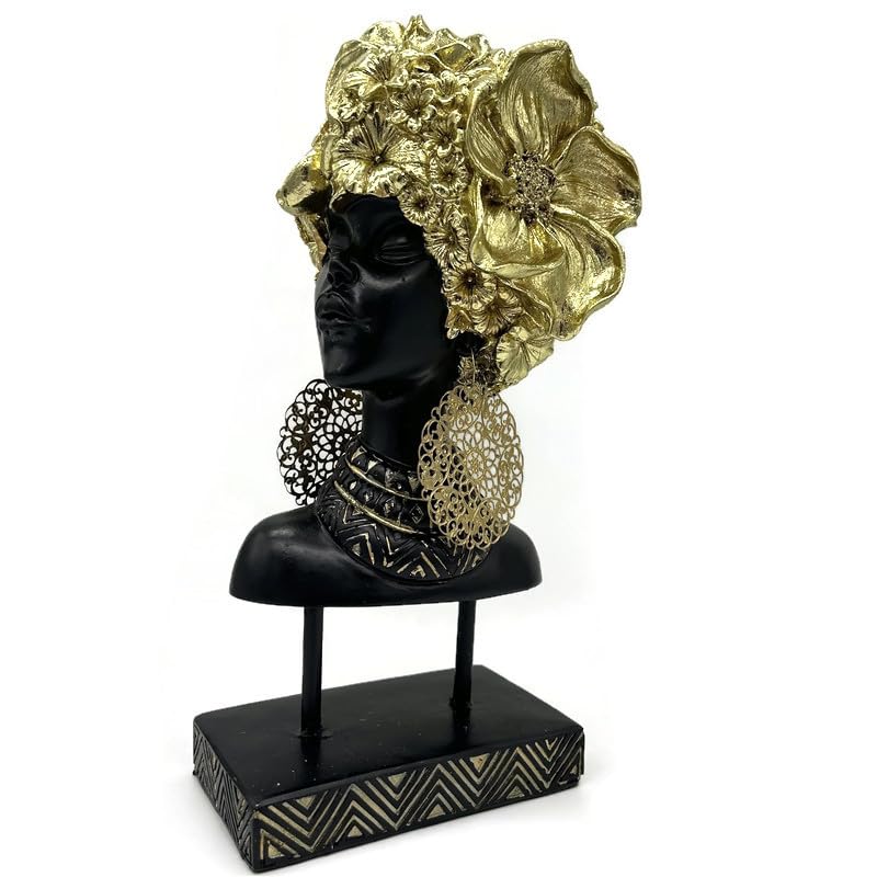 Figura Cabeza Mujer Africana en Resina Negra y Dorada
