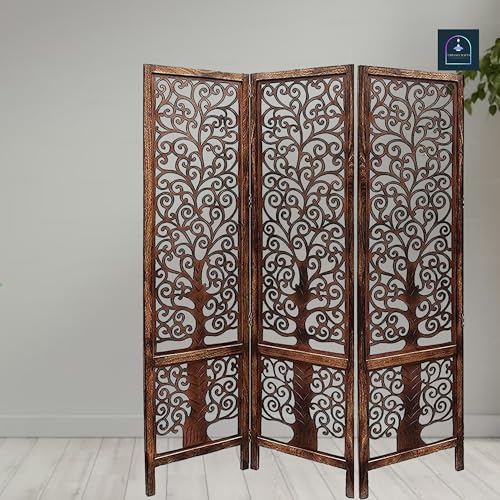 Image of Wooden Room Partition /Screen /Room Divider /Room Separator Traditional Handicrafts 6Ft (Dark Brown) (Tree 3 Panel)