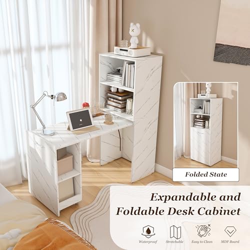 Image of Foldable Office Desk, Fold Out Convertible Hidden Murphy Computer Desk with Storage Shelves, Multi-Function Folding Writing Table for for Small Spaces, Home Office (White Marble)