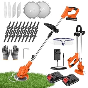 Cordless Strimmer, 4 Blades and 2 x 21V 2000mAh Battery, Garden Strimmer with Adjustable Telescopic Shaft and Foldable Structure, Grass Trimmer for Lawn, Bushes and Yard Maintenance (Orange&Black)