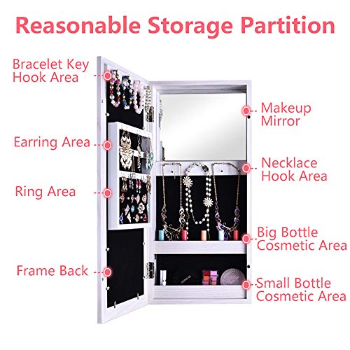 Wall Mount Mirrorled Jewellery Organiser, Jewellery Display Cabinet With Over The Door Mirror With Photo Frame,Storage For Makeup Bledroom Cosmetics,White #TOP3