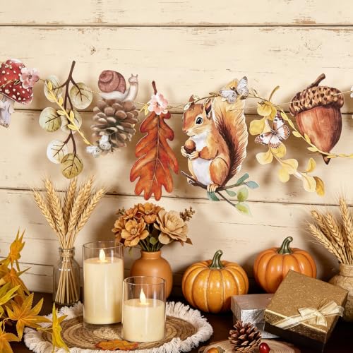 Image of Fall Autumn Hanging Decorations - 1Pcs Mushroom & Fallen-Leaves Fairy Tale Paper Banner Bunting