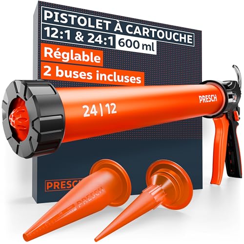 Presch Pistolet silicone 600ml incl. 2 embouts – Pistolet à calfeutrer commutable 24:1 & 12:1 pour tous mastics & adhésifs (acrylique, silicone & PU) –...