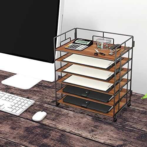 LUCYCAZ 6-Tier Desk File Organiser, Wooden and Metal File Tray Holder for Desk, Paper Letter Tray Organiser for File, Document, Letter, a4 Paper