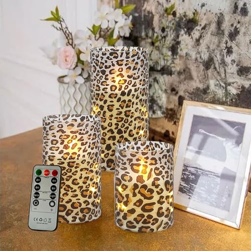 Image of Flickering Flameless Candles Leopard Print Embedded Star String Lights, Battery Operated Acrylic LED Pillar Candles with 11-Key Remote and Timer for Home Decoration, 3 Pack