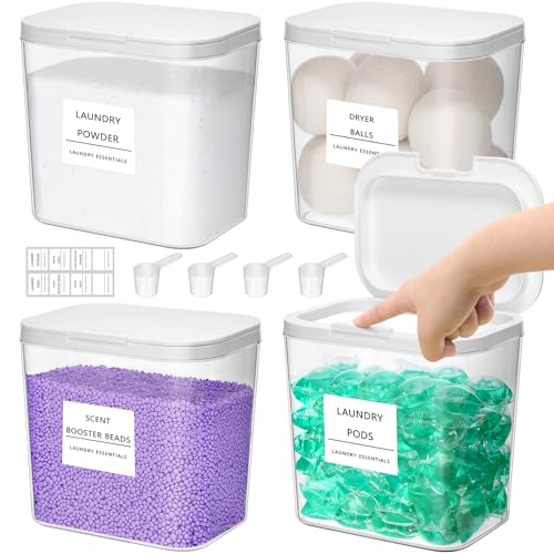 Lifewit 2700 ml/0.72gal Wäsche Pods Behälter mit Druckverschluss Waschpulver Aufbewahrungsbox mit Etikette und Löffel Waschmittelbox Waschmittel Aufbewahrung für Pulver Perle Duft Booster 4 Stück