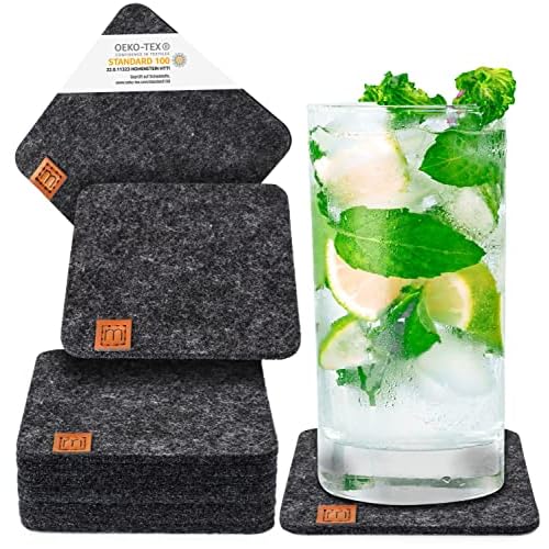 Miqio® Design Glasuntersetzer - Filz und Leder - Waschbar - 10er Set Getränke Untersetzer mit Echtleder Applikation