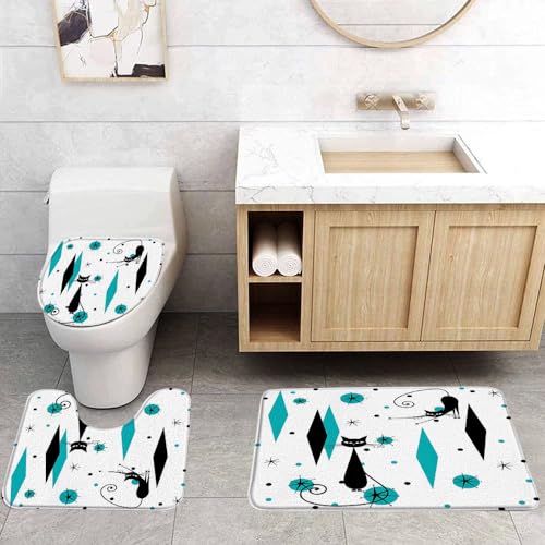 Mid Century Black Cat 3 Pcs Bath Rugs Set,Atomic Starbursts Cat Modern Abstract Geometric Iconic Pattern 1950s Bathroom Kitchen Rug with 17.8